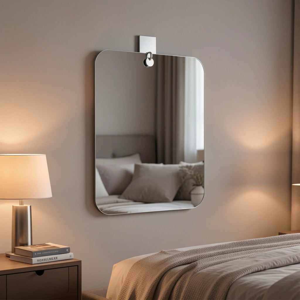 Acrylic wall mirror hung on a bedroom wall above a nightstand with a lamp