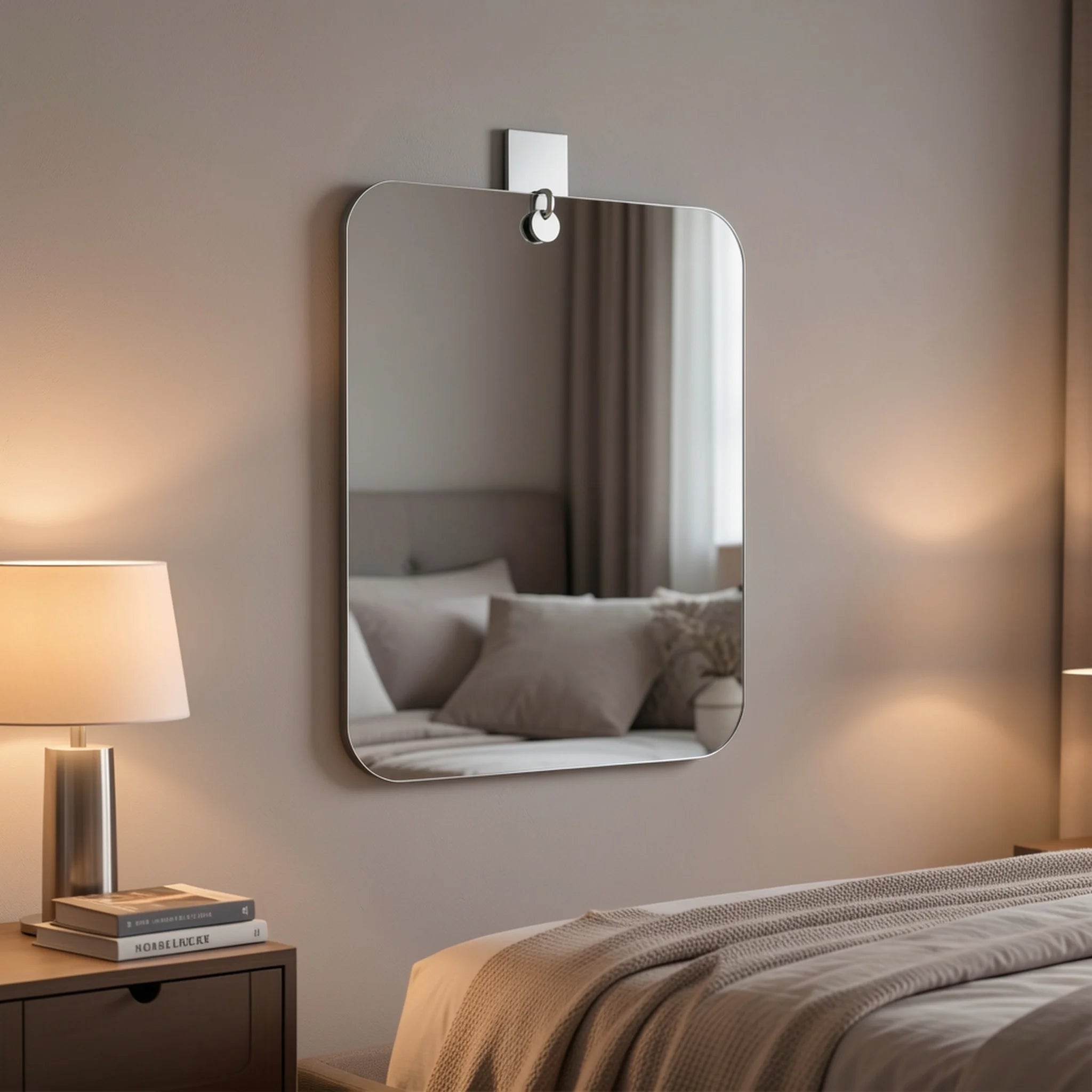Acrylic wall mirror hung on a bedroom wall above a nightstand with a lamp