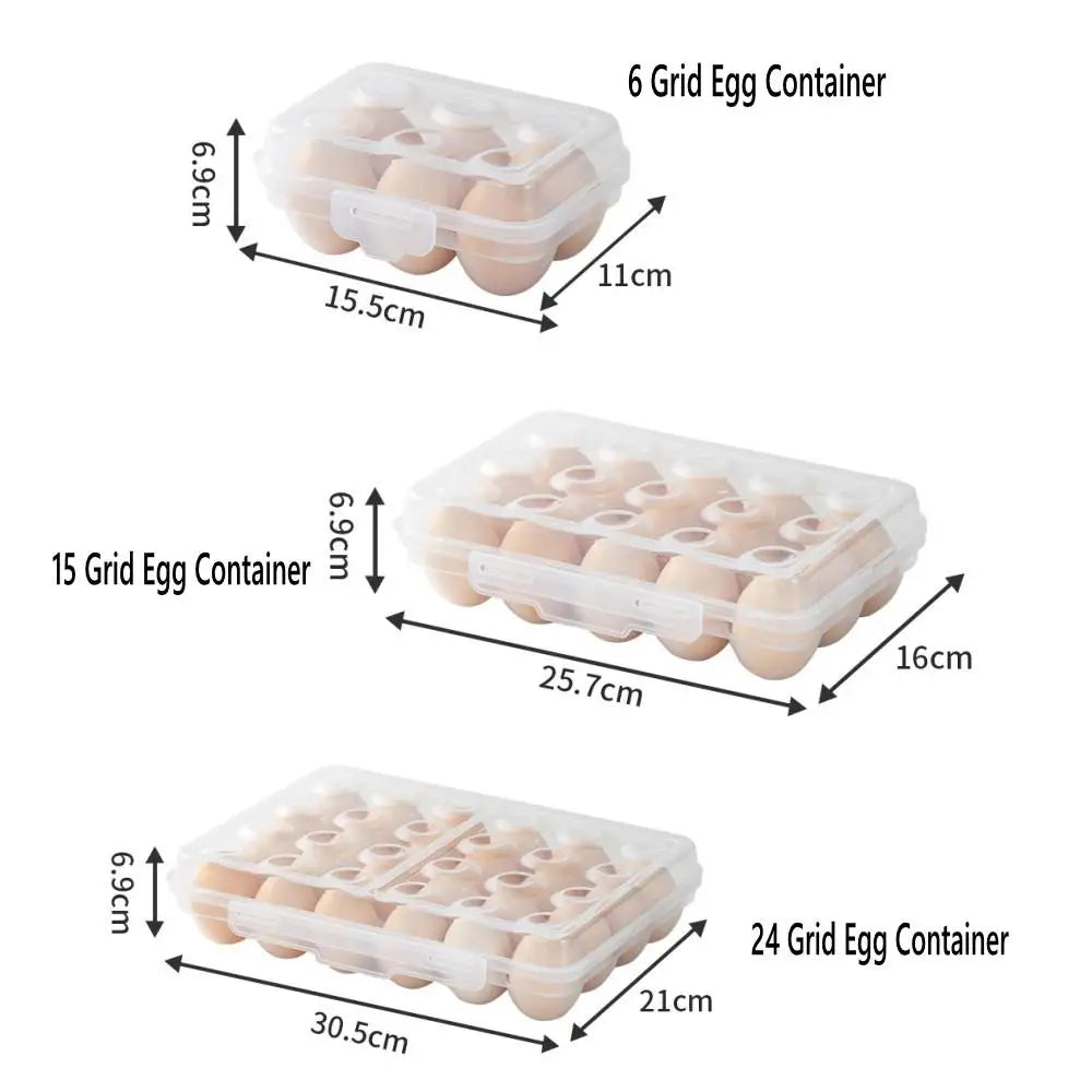 labeled diagram showing dimensions for 6, 15, and 24-egg plastic storage containers