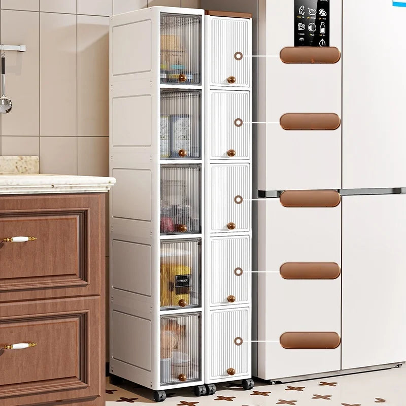 tall slim cabinet with mixed clear and solid door panels, shown beside fridge