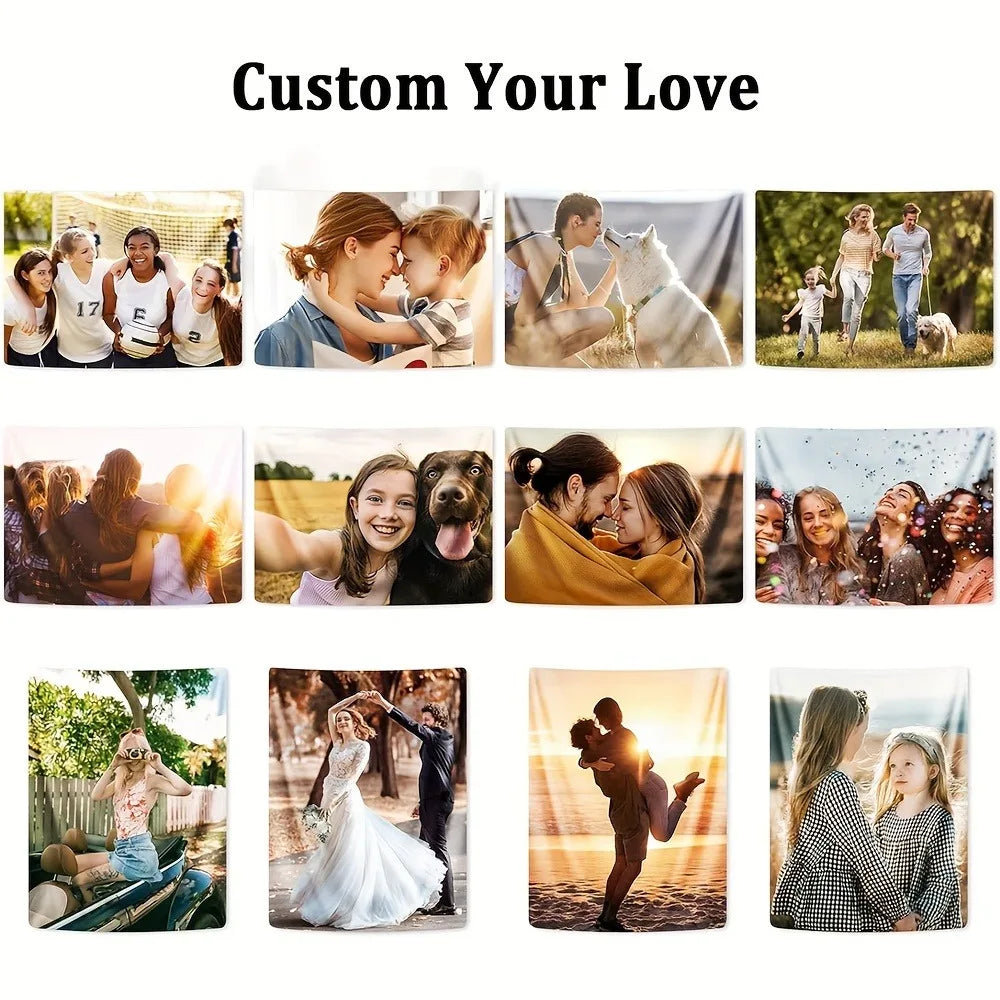 Personalized photo tapestries featuring families, couples, and friends