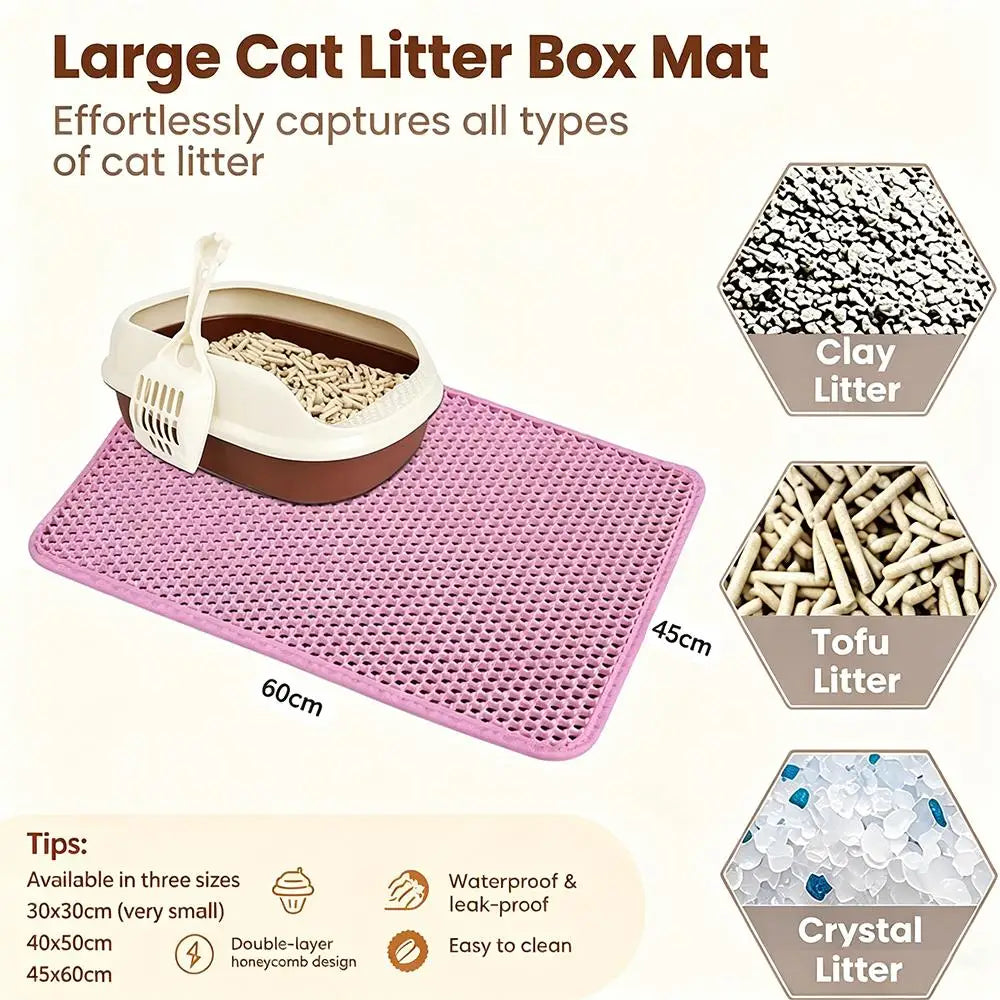 Large pink cat litter mat in front of a litter box with clay, tofu, and crystal litter types illustrated; three size and feature icons visible