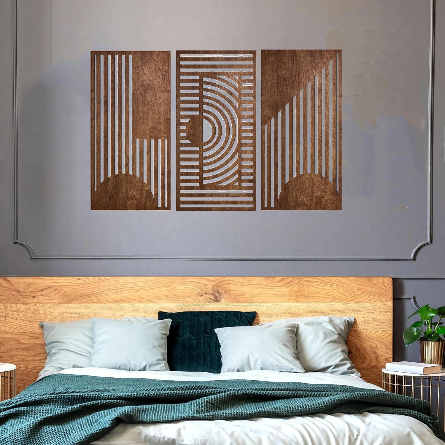 Geometric wood wall panel set styled above a wooden headboard in a bedroom