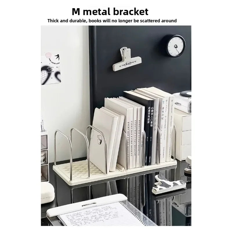 Minimalist bookshelf organizer on a black desk, filled with books and notebooks