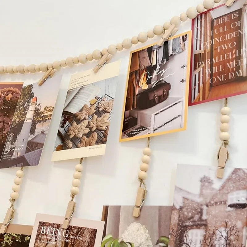 Willow Bead Garland Photo Display – Natural Wood Wall Hanging