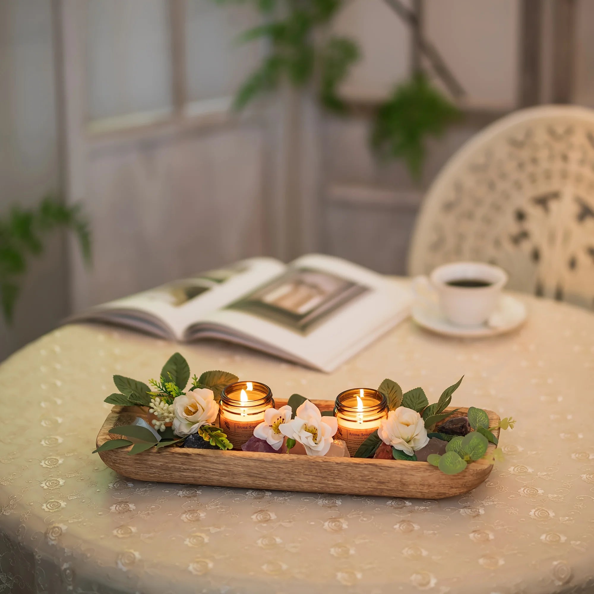 Narrow Wooden Tabletop Tray for Candle and Decor Arrangements
