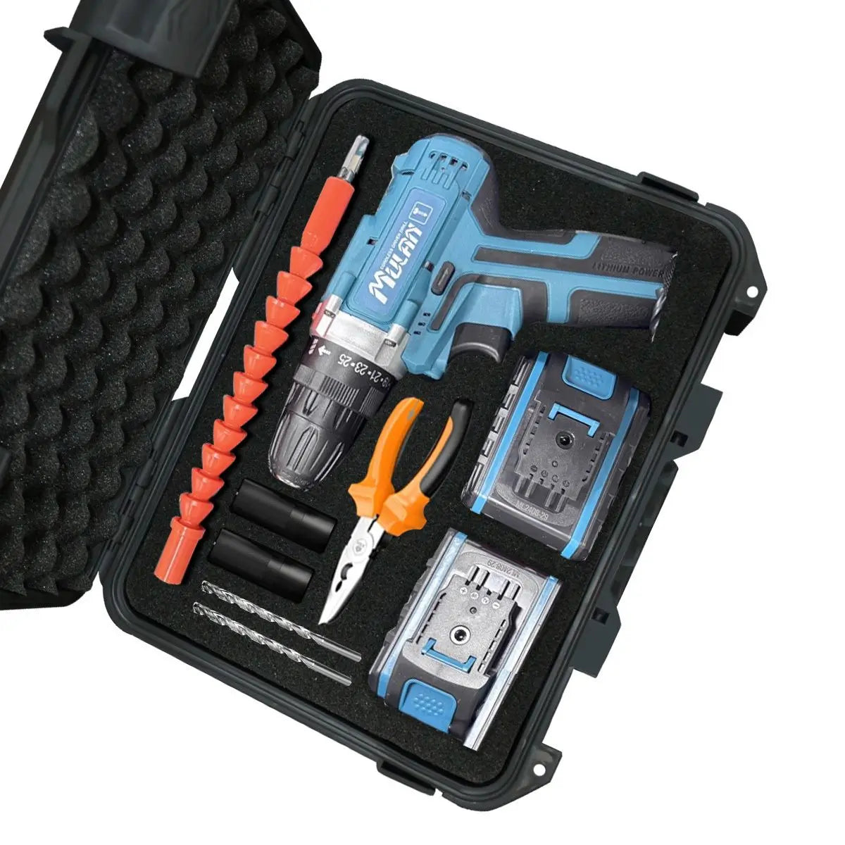 Close-up of waterproof case foam interior holding drill, pliers, and accessories