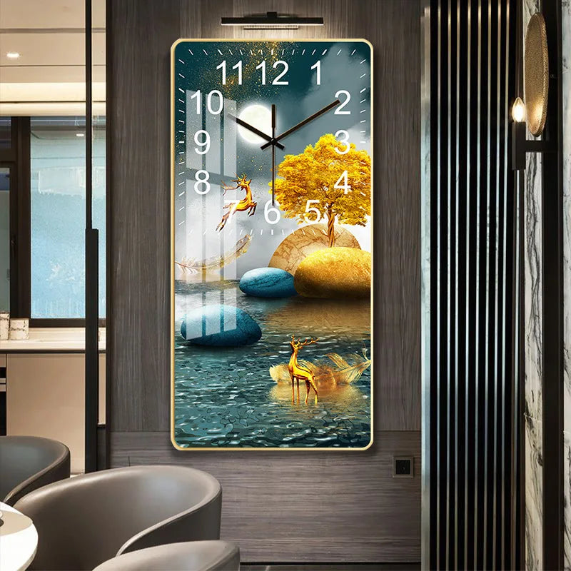Artistic large wall clock with tree and deer design, displayed on a dark wood wall in a contemporary dining area