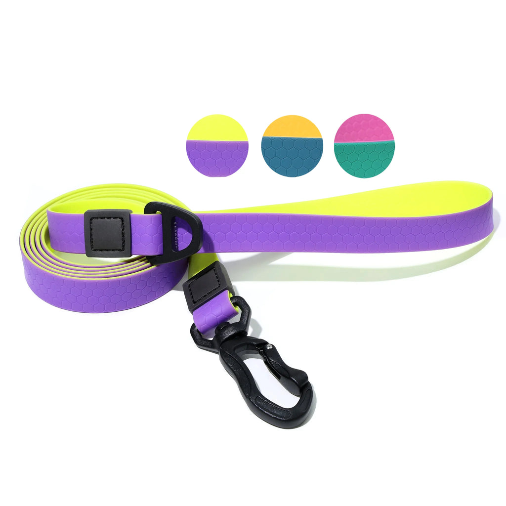 Purple and yellow waterproof PVC dog leash with textured handle and black swivel hook shown coiled, plus color detail circles for leash options