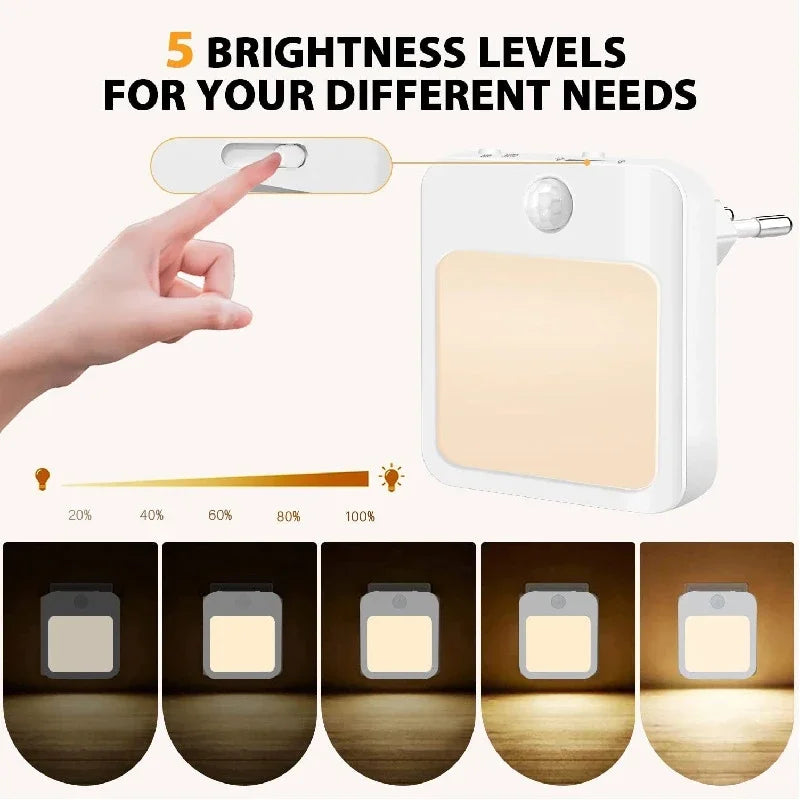 Adjustable brightness plug-in night light with several illumination levels