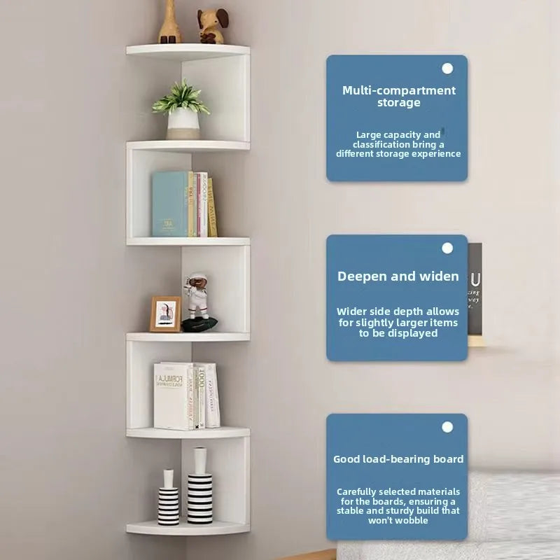 white multi-tier corner wall shelf with infographic text about storage, depth, and stability