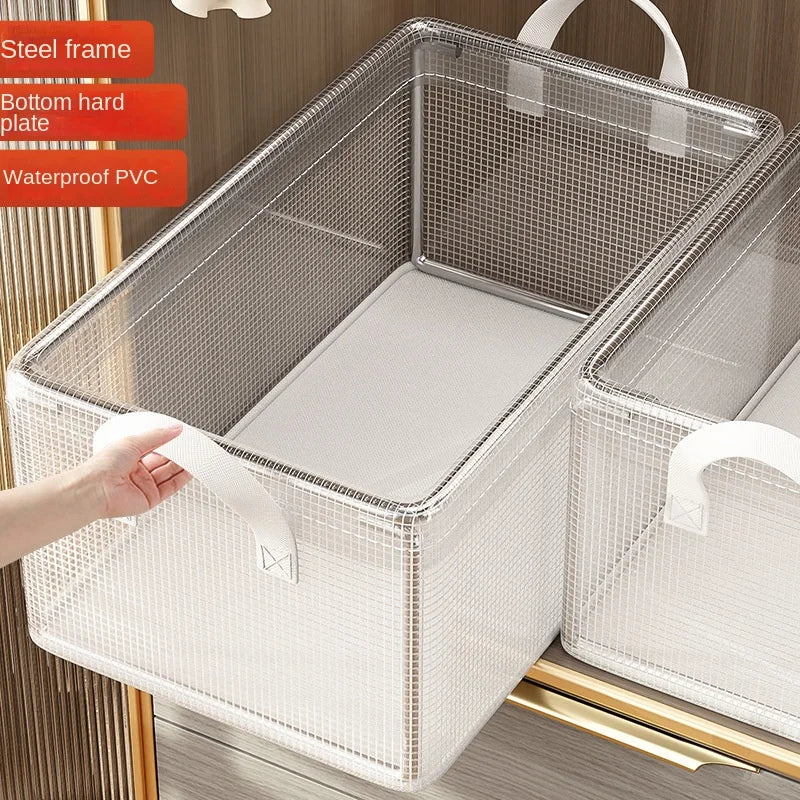 Closeup of transparent PVC closet storage basket with steel frame and text overlay about materials
