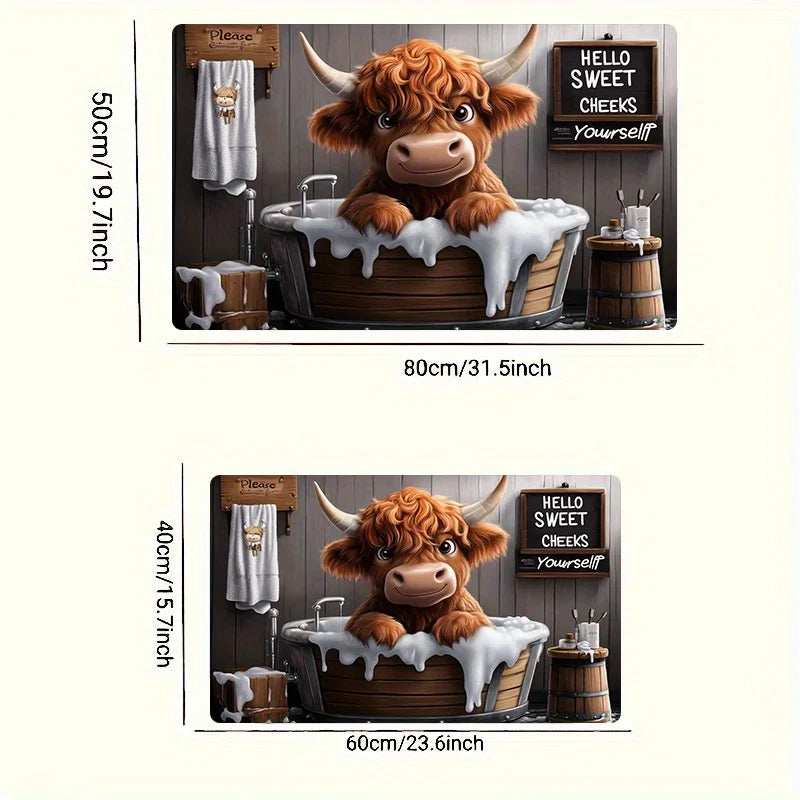 highland cow bath mat available in two size options with measurements