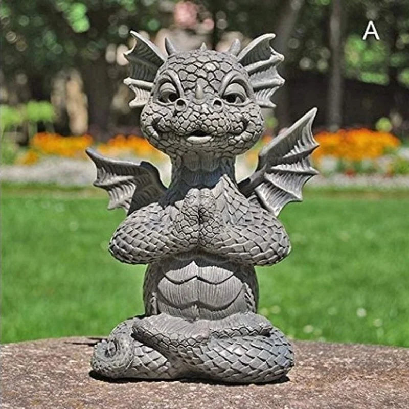 Resin meditation dragon statue with hands in prayer, set on an outdoor surface