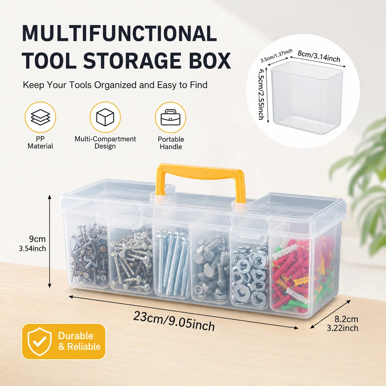 Portable hardware organizer box with yellow handle, six clear bins, labeled dimensions and features for home storage