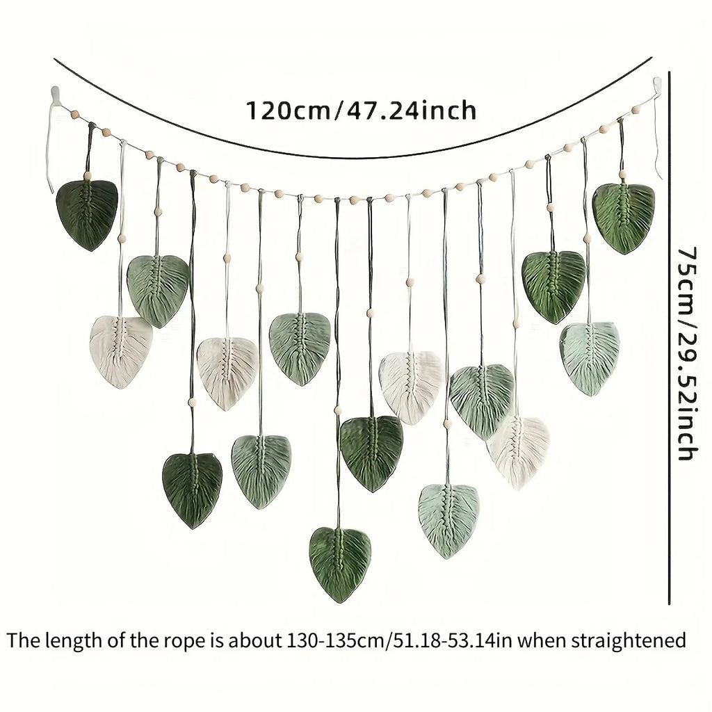 Dimensions diagram of leaf macrame wall hanging, 120cm wide, 75cm drop