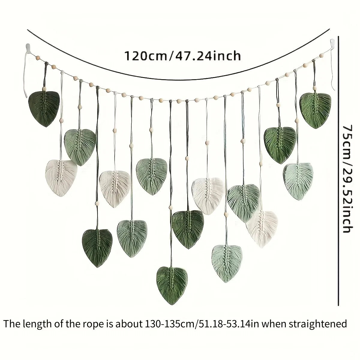 Dimensions diagram of leaf macrame wall hanging, 120cm wide, 75cm drop