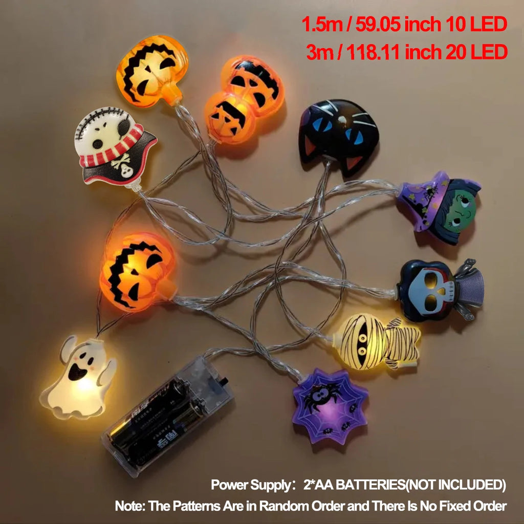 Layout of assorted Halloween character LED string lights unlit, showing 1.5m and 3m length options with labeled battery box