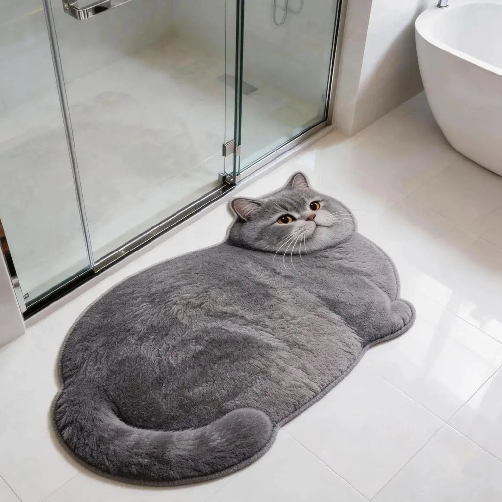 Gray cat shaped bath mat on bathroom floor beside glass shower