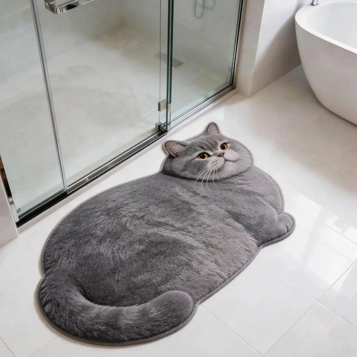Gray cat shaped bath mat on bathroom floor beside glass shower