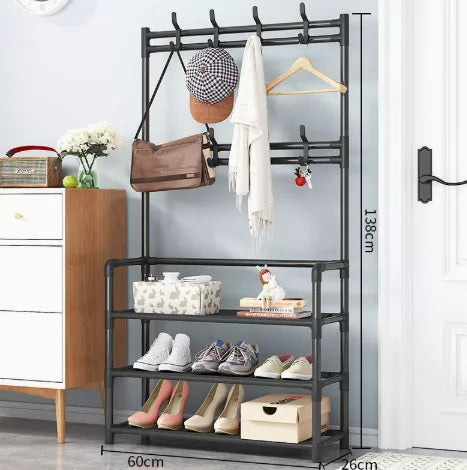 Metal Entryway Organizer Rack with 3–5 Shelves & 8 Hooks for Shoes, Coats, Hats, and Accessories