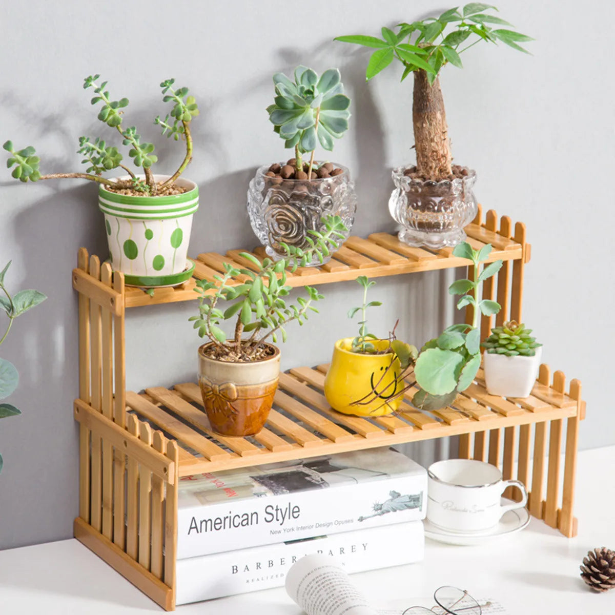 Two-tier bamboo plant stand on a desk displaying potted plants and books