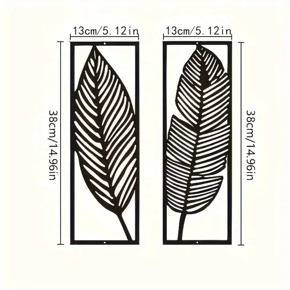 Dimensions diagram of black metal leaf wall art panels, each 38cm by 13cm