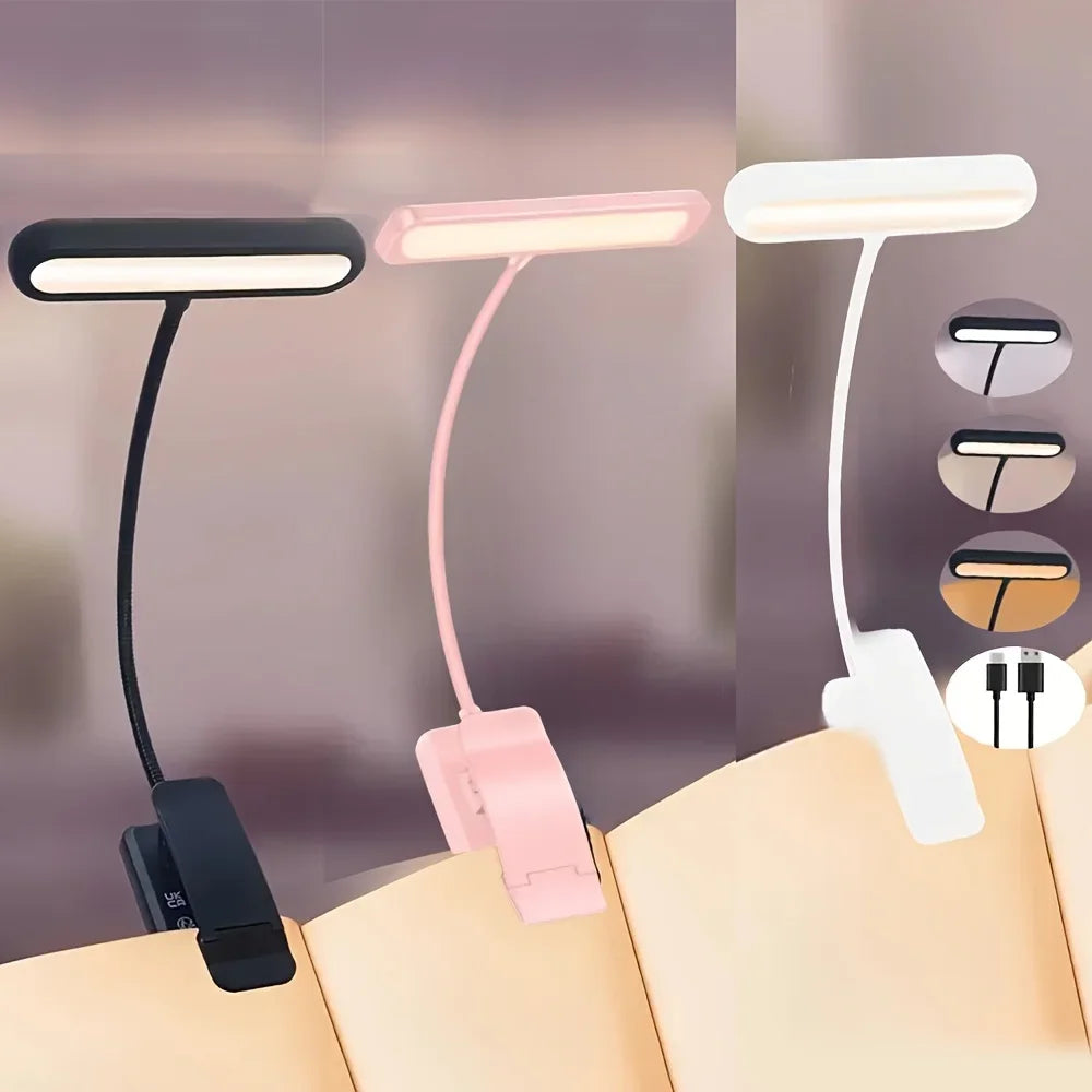 Clip-on reading lights in black, pink, and white finishes attached to books, with three selectable color tones.