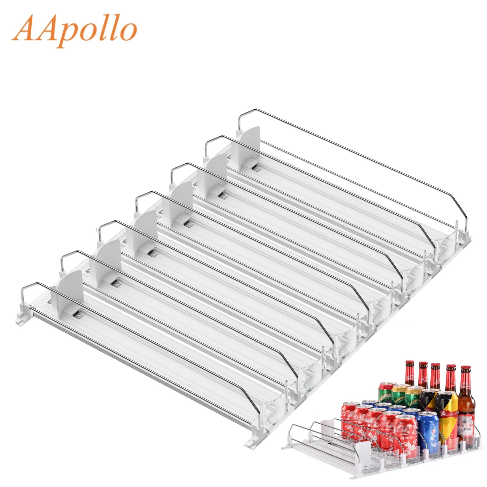 white 6-row sliding drink organizer rack for fridge with cans and bottles showing fit