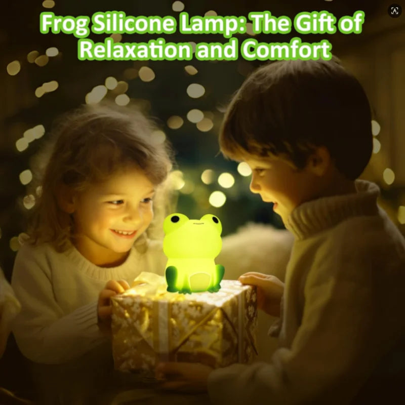 Children opening a gift with frog night light glowing on top