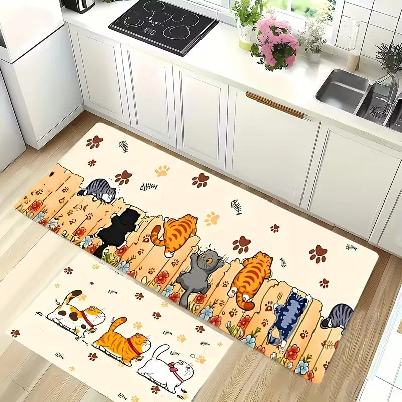 Cat paw print kitchen mat set with cartoon cat design in a white kitchen