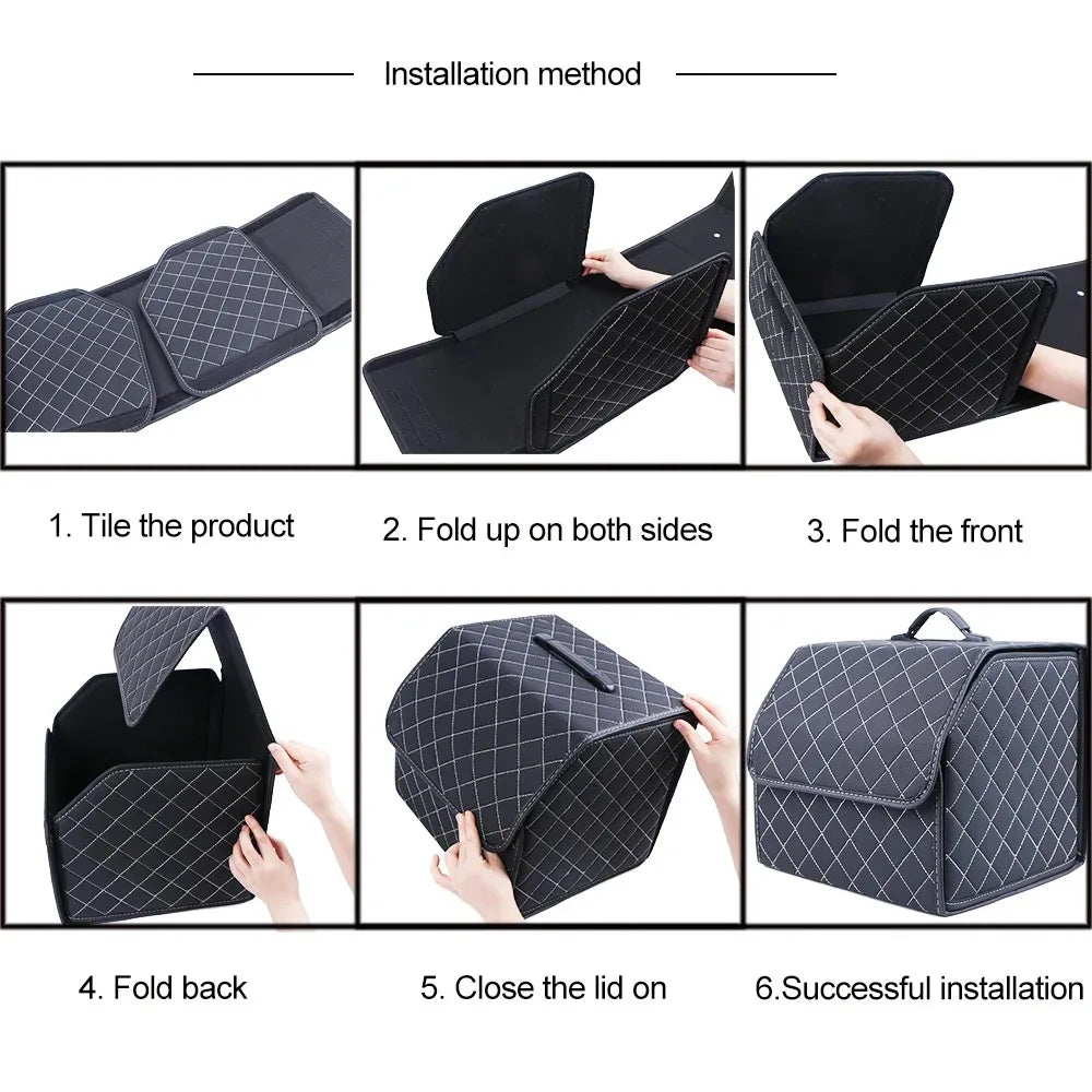 Folding Car Trunk Organizer Box – Quilted PU Leather Storage Bin