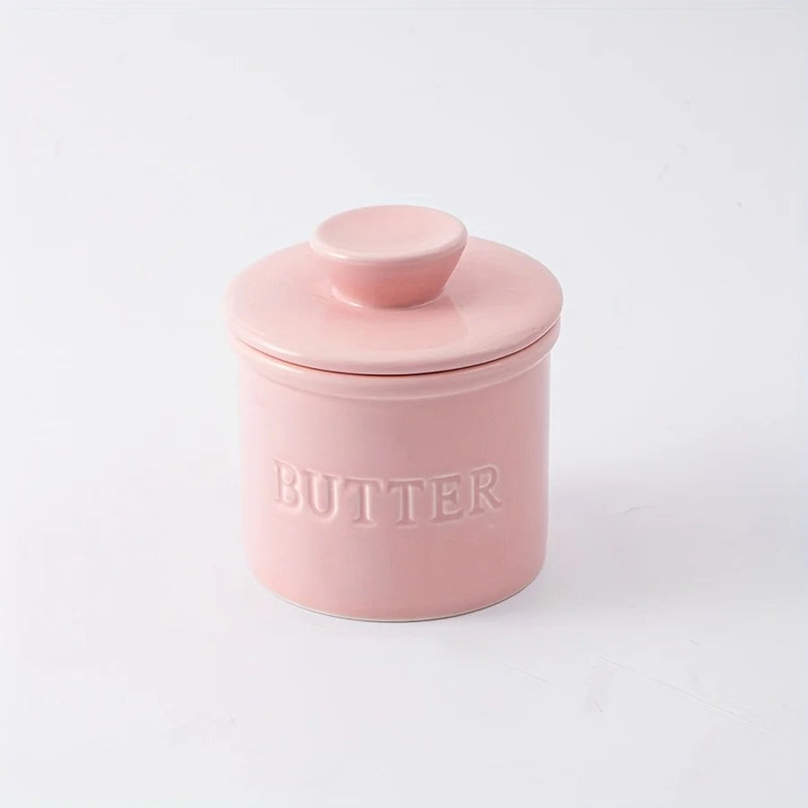 Elise Pink Ceramic French Butter Crock with Lid & Butter Knife for Kitchen Counter