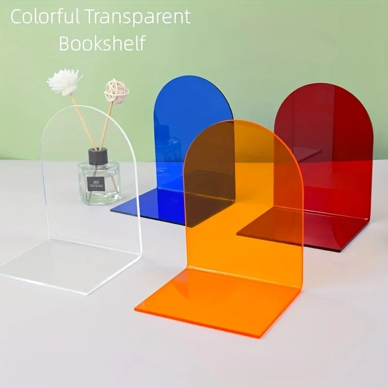 Assorted clear, blue, orange, and red arch acrylic bookends displayed upright with text overlay