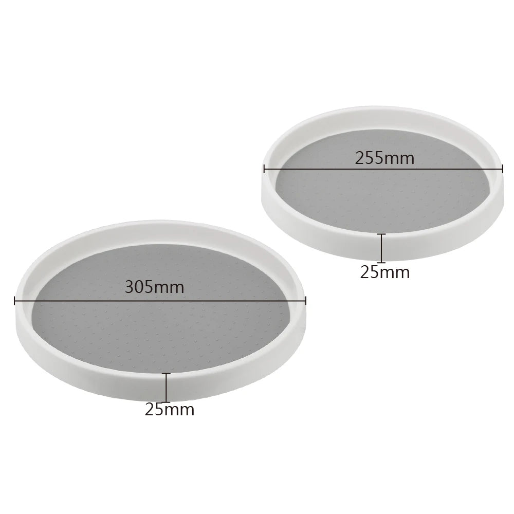 Two round turntable organizers in different sizes, shown with measurements