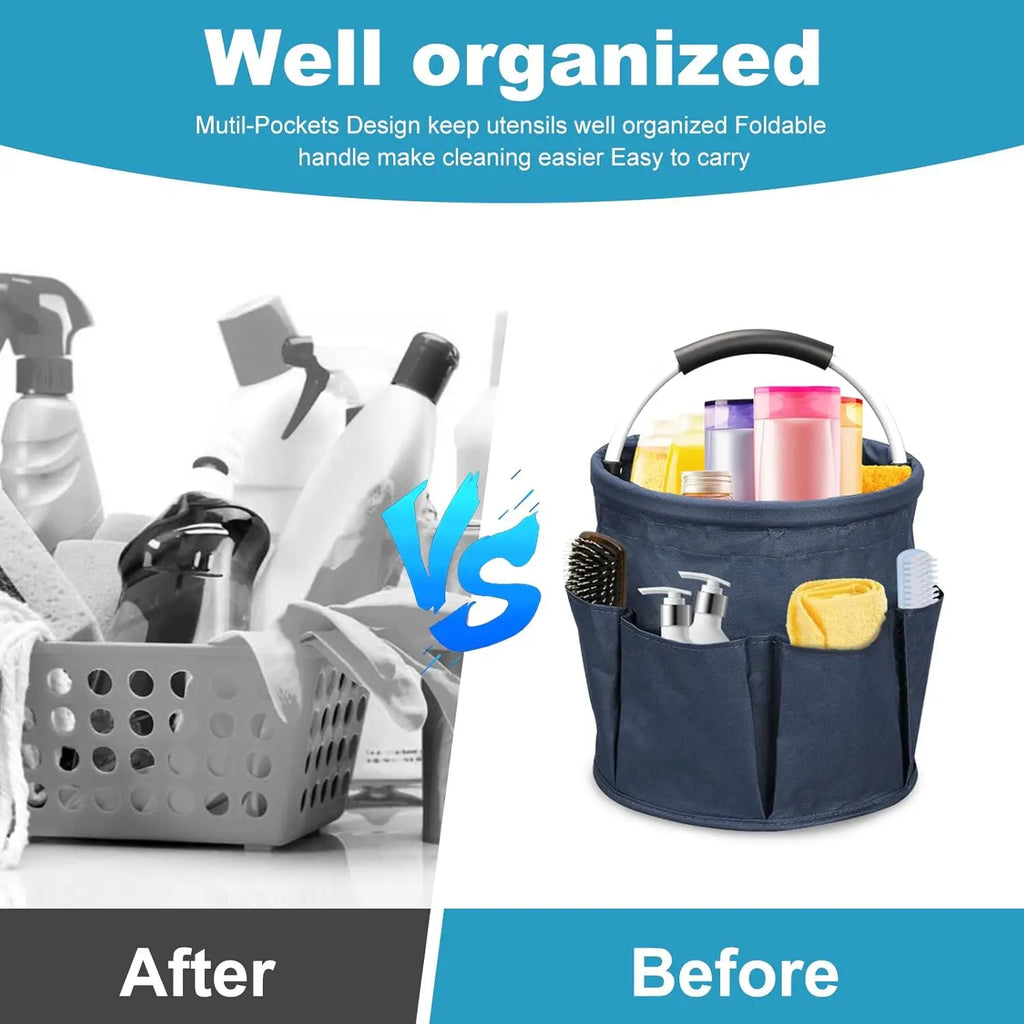 Side-by-side comparison showing a cleaning caddy with pocketed design versus an open basket