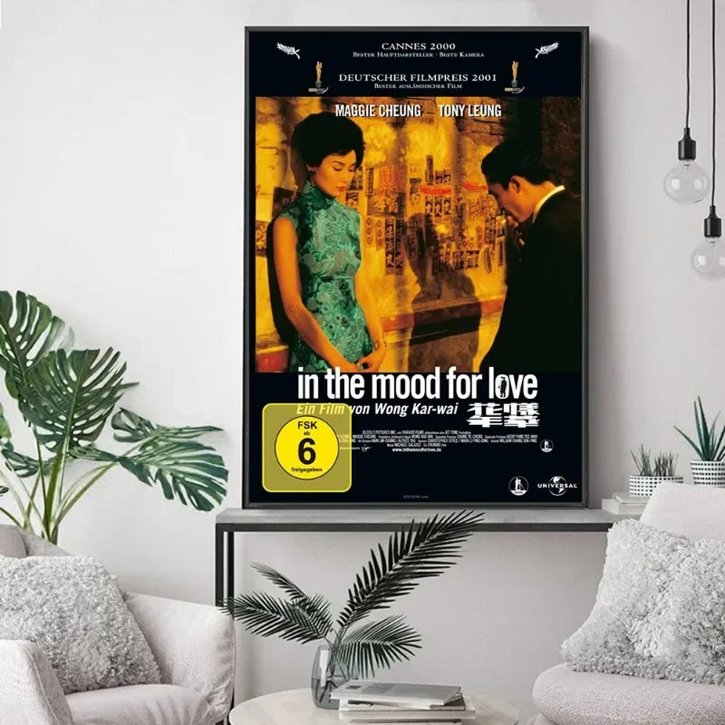 In the Mood for Love poster displayed above a living room sofa