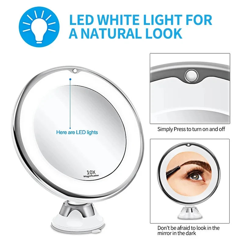 Round magnifying LED vanity mirror with white touch-activated light ring