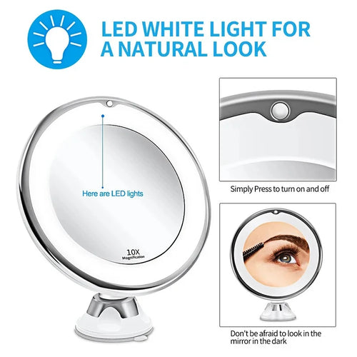 Round magnifying LED vanity mirror with white touch-activated light ring
