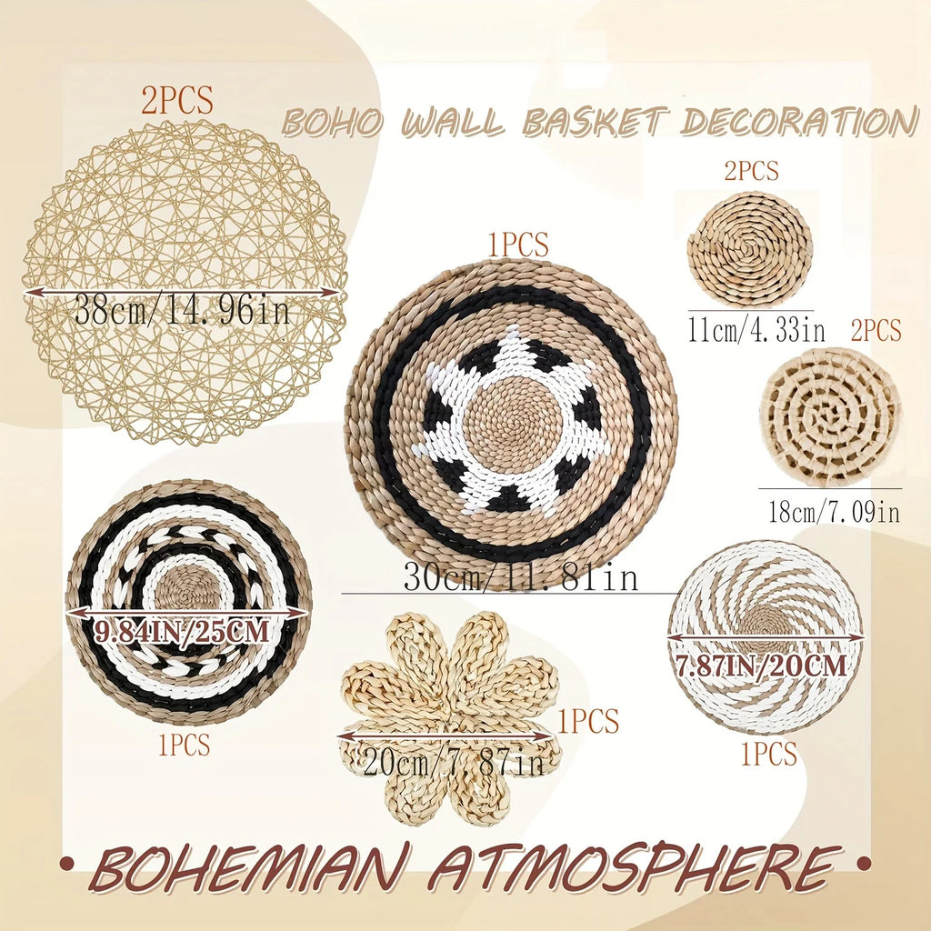 diagram showing sizes and styles included in boho woven wall basket set