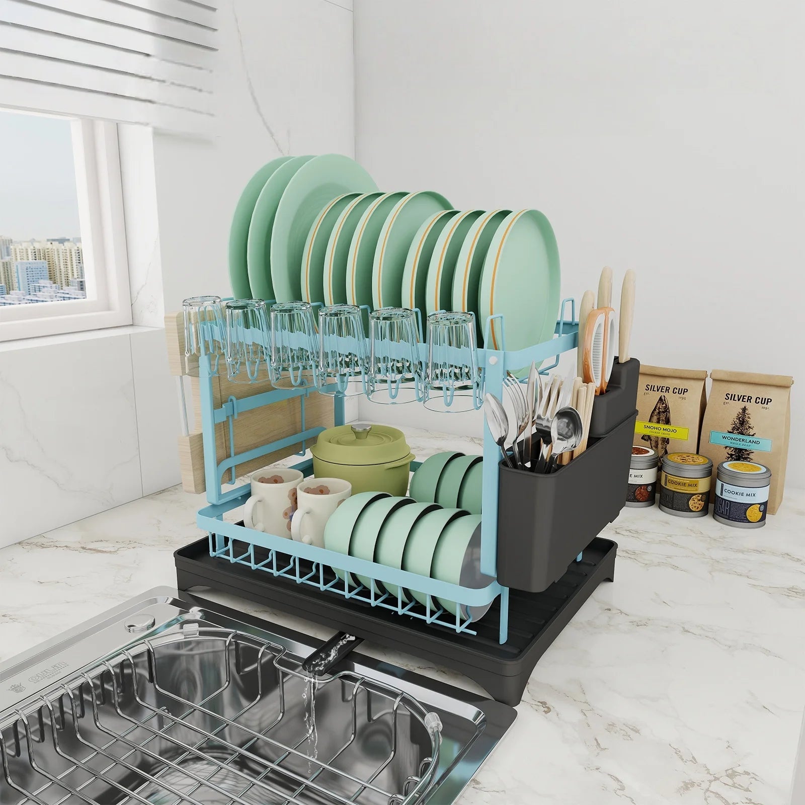 2-Tier Dish Drying Rack with Self-Draining Board for Kitchen Counter