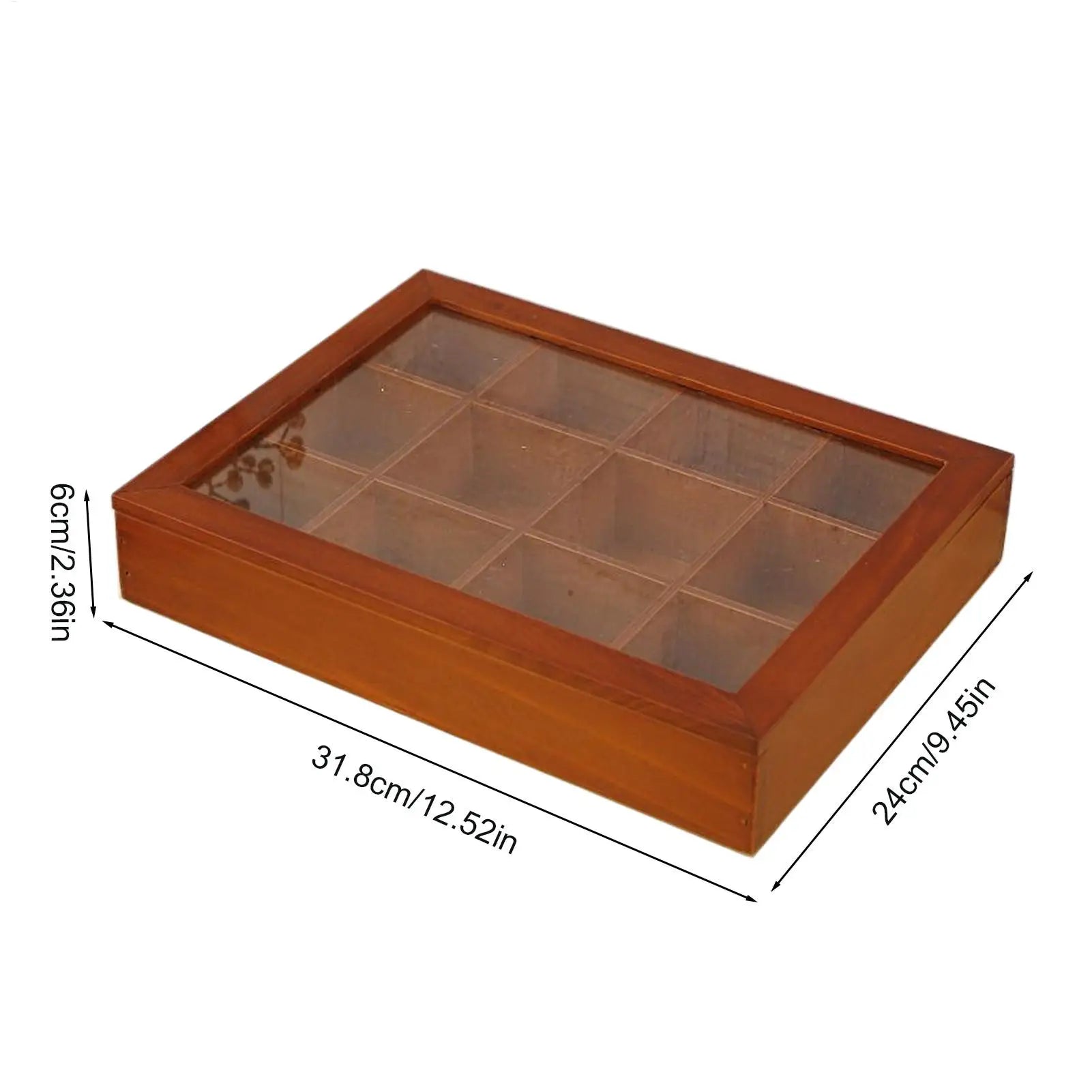 12-Compartment Wooden Tea Bag Organizer with Clear Lid