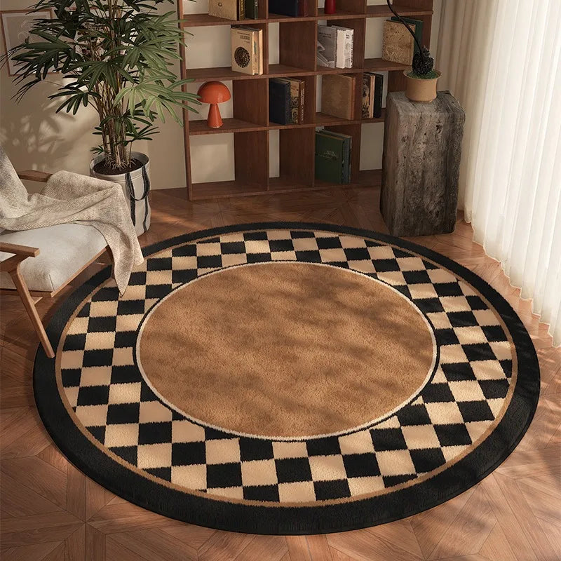 Checkerboard round rug in black and brown in a living room setting