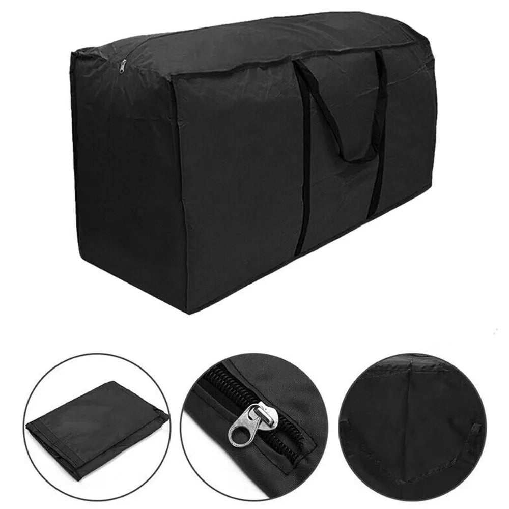Black rectangular Oxford cushion storage bag with closeup views of zipper, folded bag, and seams