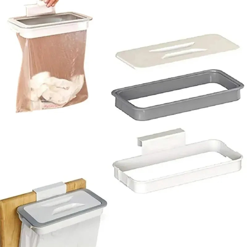 Over-cabinet trash bag holder shown in use with liner bag and components displayed separately