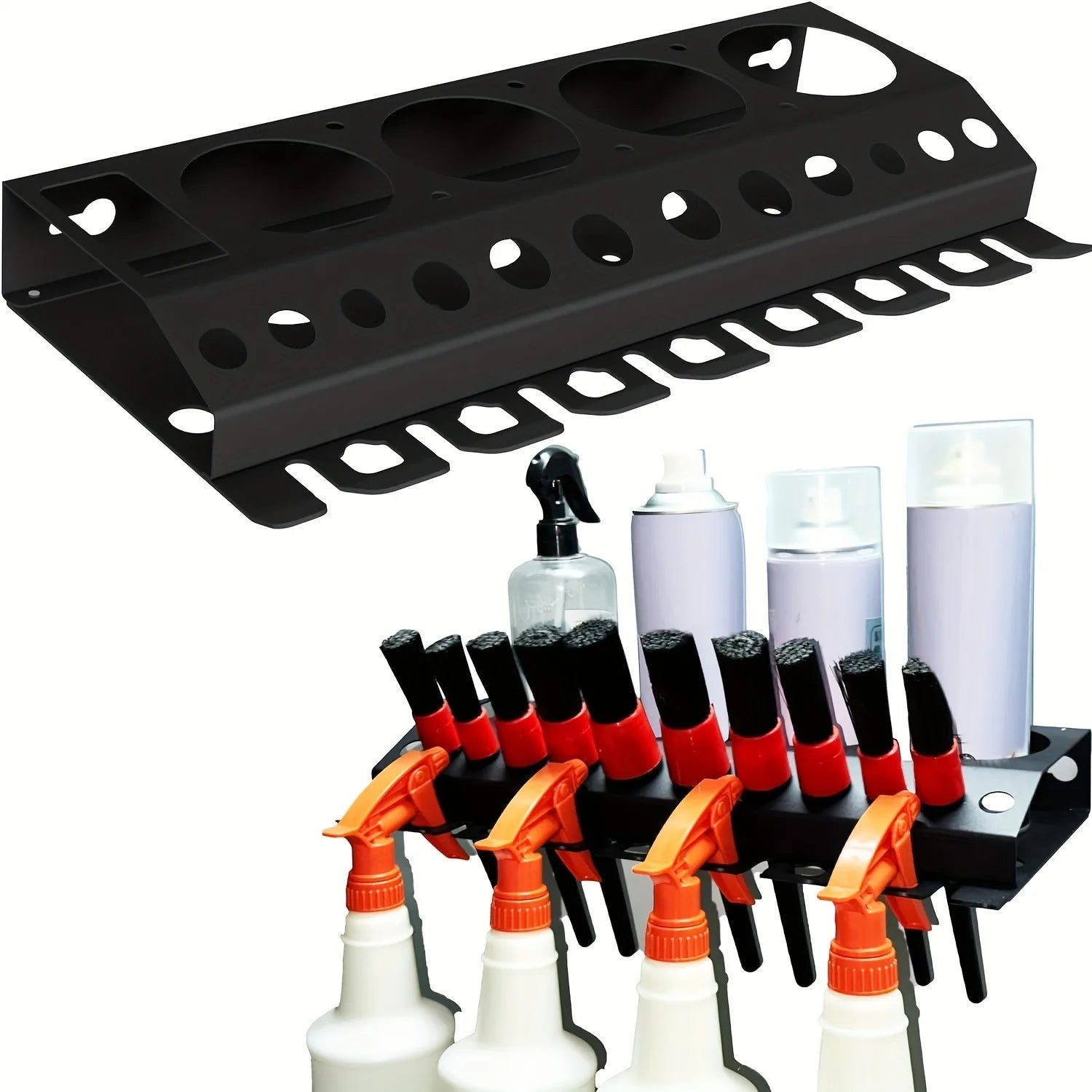 Black metal wall-mounted spray bottle and tool rack with bottles and brushes arranged in organizer