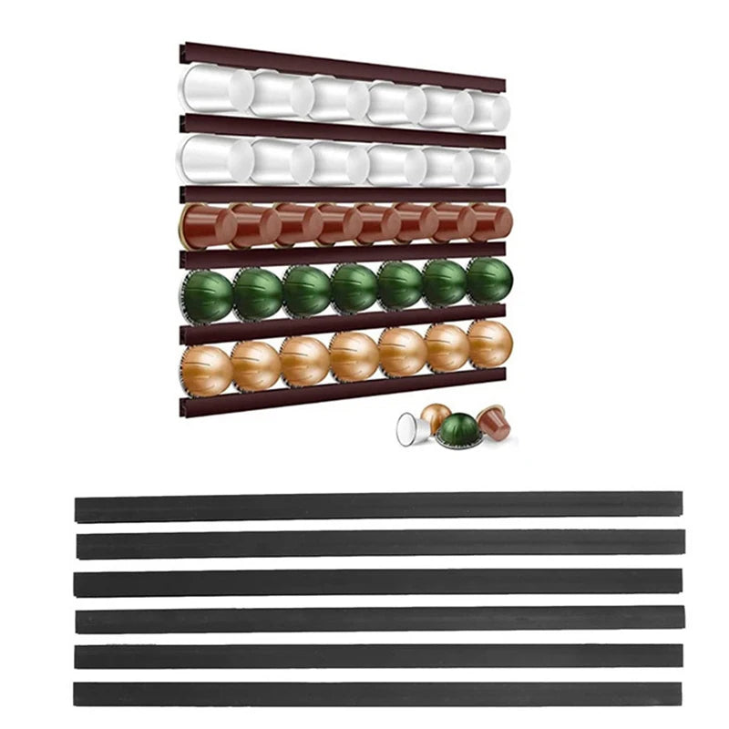Slim Coffee Pod Holder Strips – Set of 6 Space-Saving Capsule Organizers for Kitchen Wall or Cabinet, Black or White