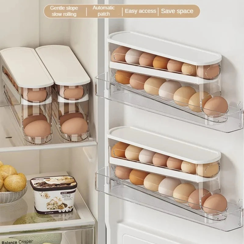 Egg organizers used on both fridge shelves and door compartments, eggs stored inside