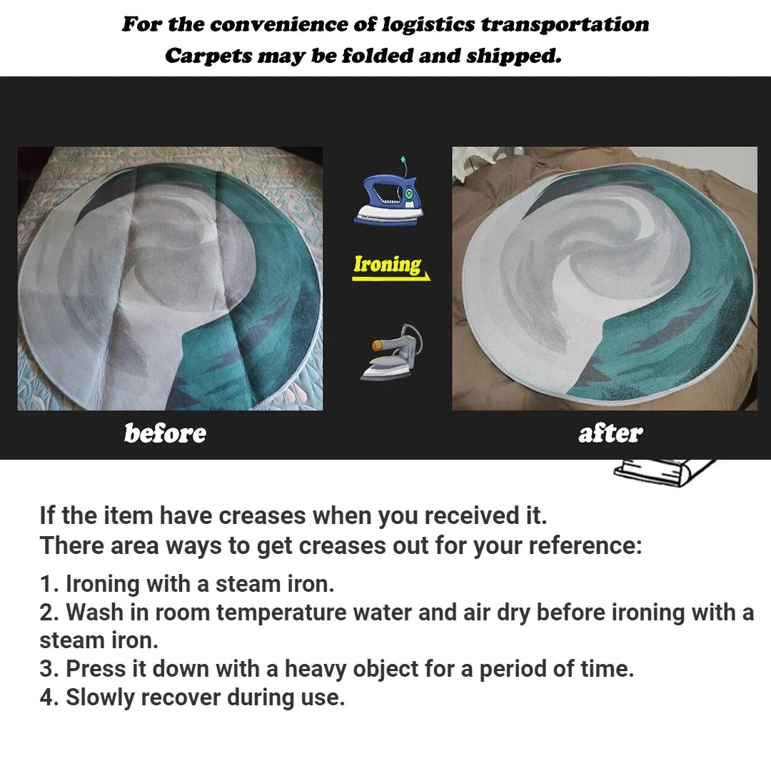 Comparison of rug before and after ironing to remove creases, with illustrated tips for crease removal