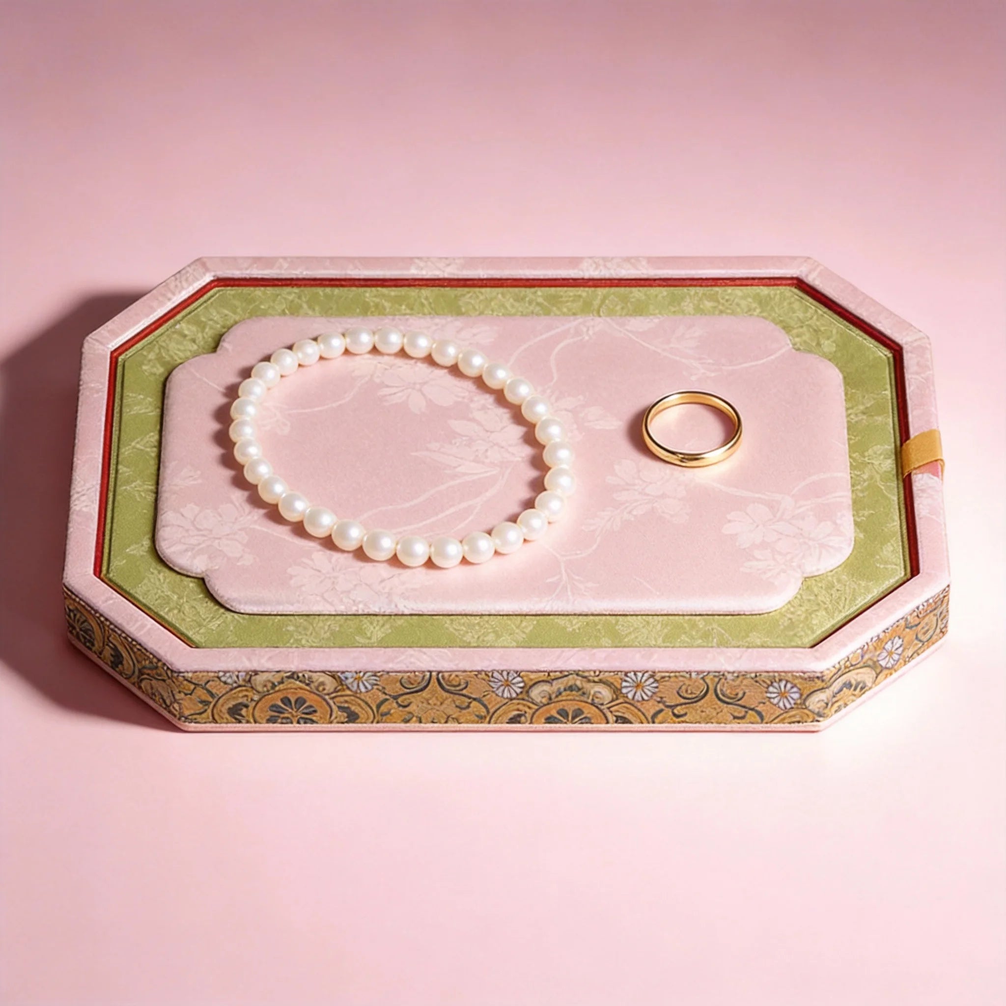 Large rectangular floral jewelry tray with bracelet and ring, shown on a soft pink background